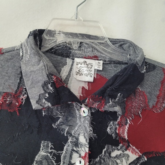 Parsley & Sage Women's Medium‎ Button Down Frayed Patchwork Tunic Top Red Grey - Picture 3 of 8
